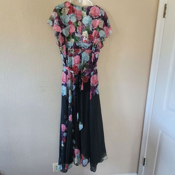 Ulla Popken Maxi Dress Plus Size 18 Floral Flowy V Neck Lined Tie Back Nwt - Picture 9 of 9